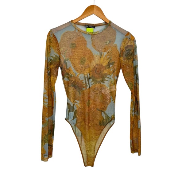 Zara Tops - Zara Womens Sunflowers Van Gogh Mesh Bodysuit Sz Medium Yellow Long Sleeve